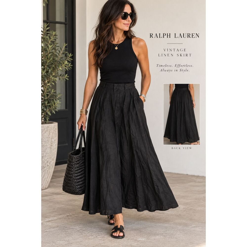 Vintage Ralph Lauren Blue Label Black Linen Maxi Skirt Sz 6 (8) USA Old Money